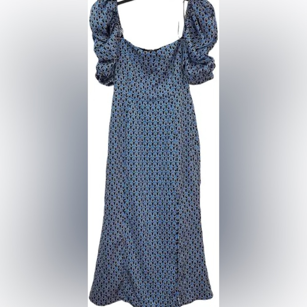 NWOT Sz L Printed Puff Sleeve Slit Midi Dress from Fore Collection in Blue Multi